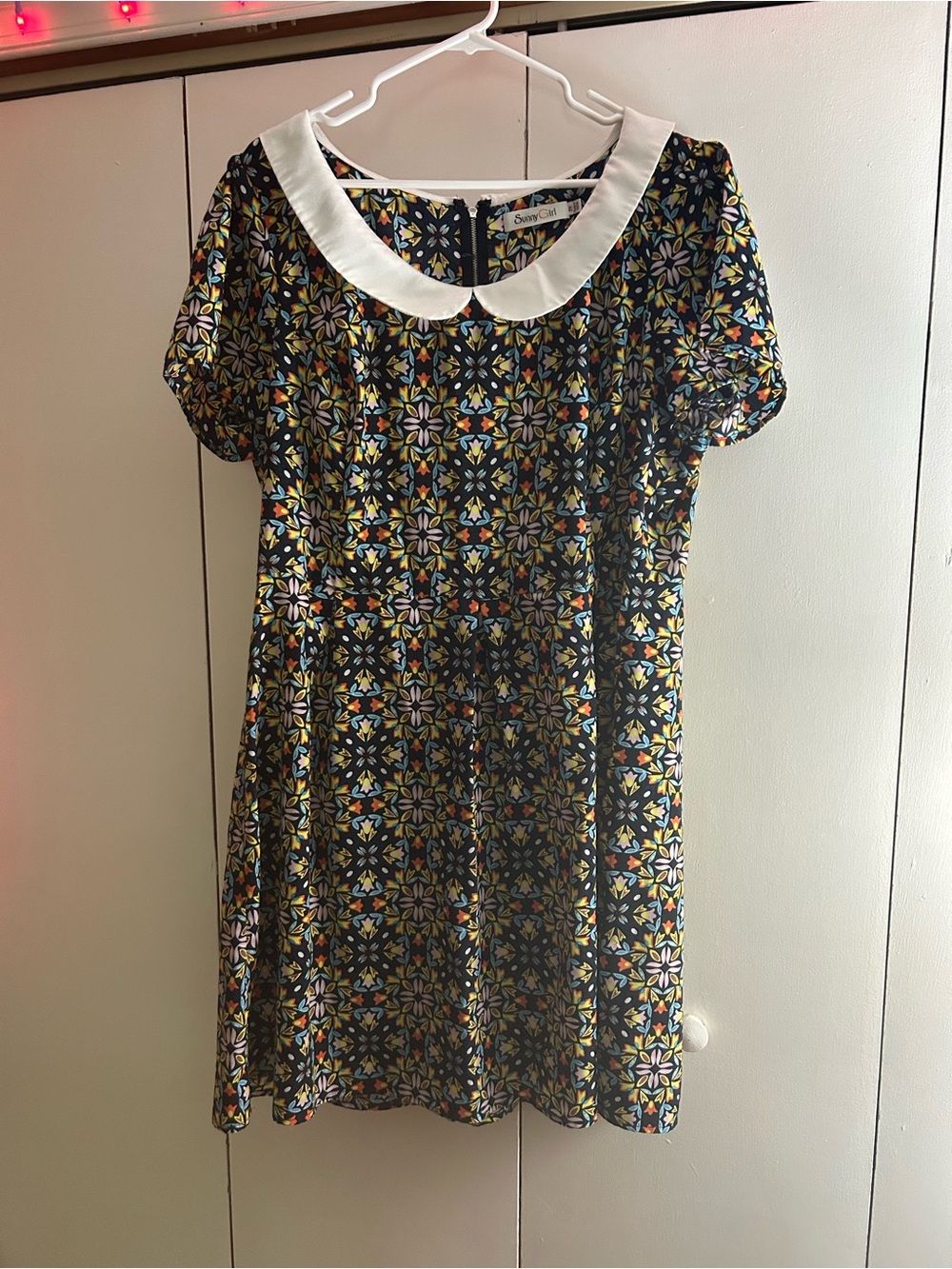 Sunny Girl Black Floral Mosaic Dress with White Collar